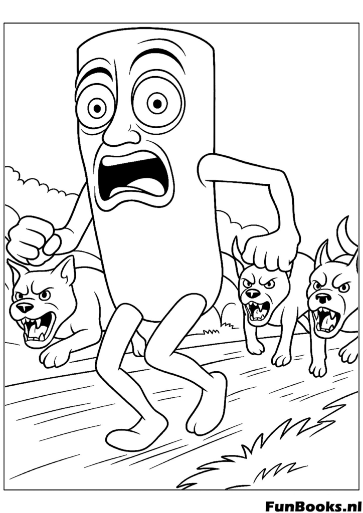 Tung Tung Sahur asustado huyendo de perros ladrando meme de acción dibujo para colorear