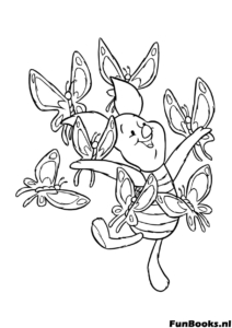 Happy Piglet running and chasing flying butterflies in a meadow spring nature scene coloring page