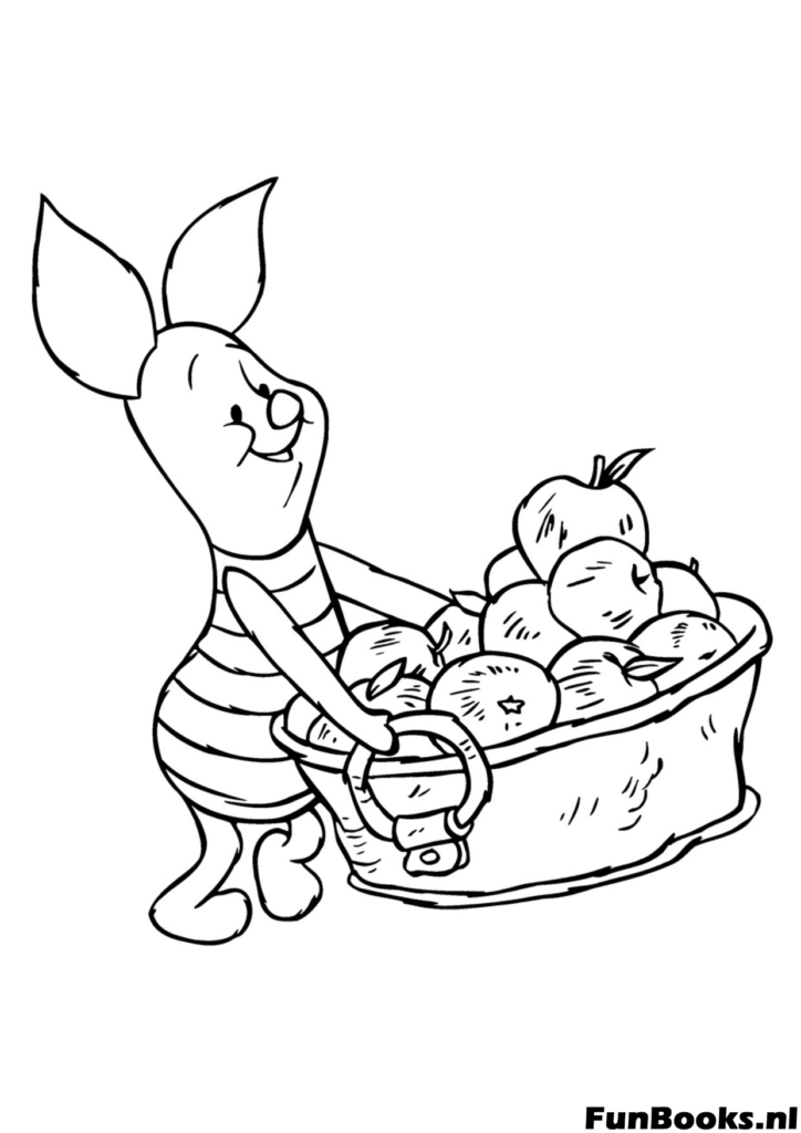Fuerte Piglet tirando de un carro de madera lleno de manzanas cosechadas actividad de granja de otoño dibujo para colorear