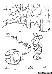 Small Piglet staring curiously at a toy ball on the ground ready to play games coloring page