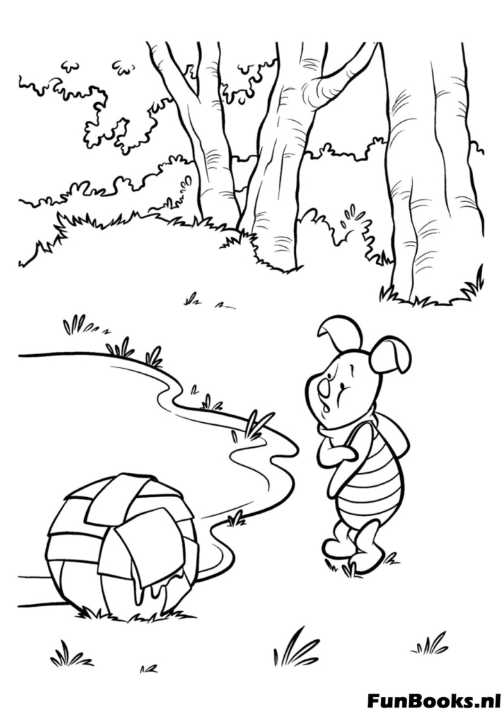 Small Piglet staring curiously at a toy ball on the ground ready to play games coloring page