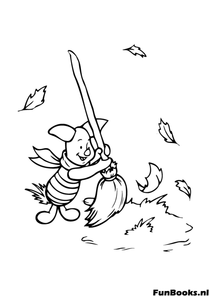 Hardworking Piglet sweeping autumn leaves with a broom in the garden fall season activity coloring page