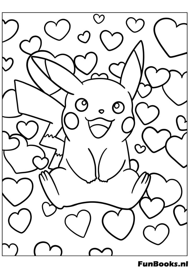Pokemon Pikachu zit en houdt een hart vast schattige Valentijn kleurplaat voor anime fans en kinderen