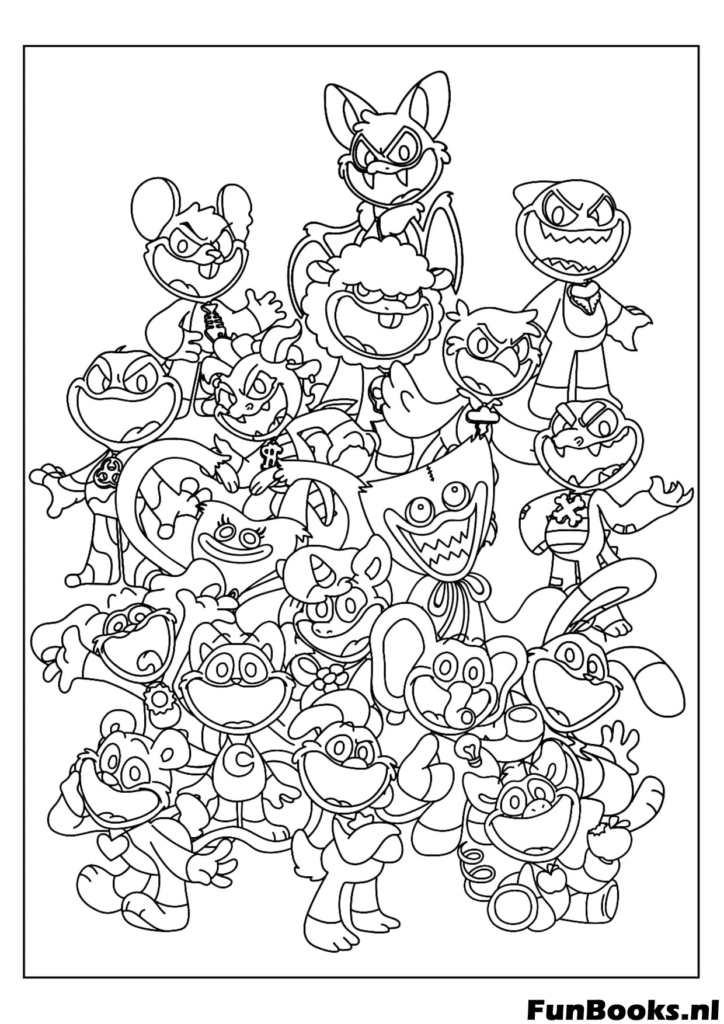 Un grand groupe de peluches Smiling Critters empilées ensemble horreur coloriage