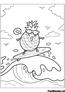 Cool pineapple character surfing on a wave funny summer fruit coloring page
