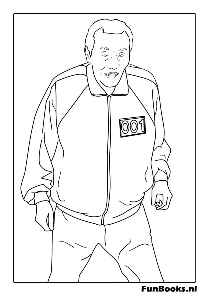 The old man player number 001 Oh Il-nam standing in his green tracksuit looking innocent Squid Game coloring pages