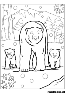 Adult polar bear standing with two cute cubs in the arctic snow nature coloring page
