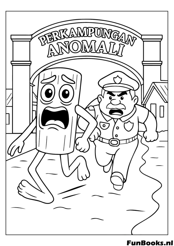 Tung Tung Sahur rennt vor einem Polizisten weg lustige Verfolgungsszene Ausmalbild