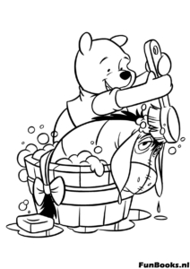 Tonto oso Pooh atrapado dentro de un tarro de miel gigante mientras Piglet intenta ayudarlo a salir dibujo para colorear