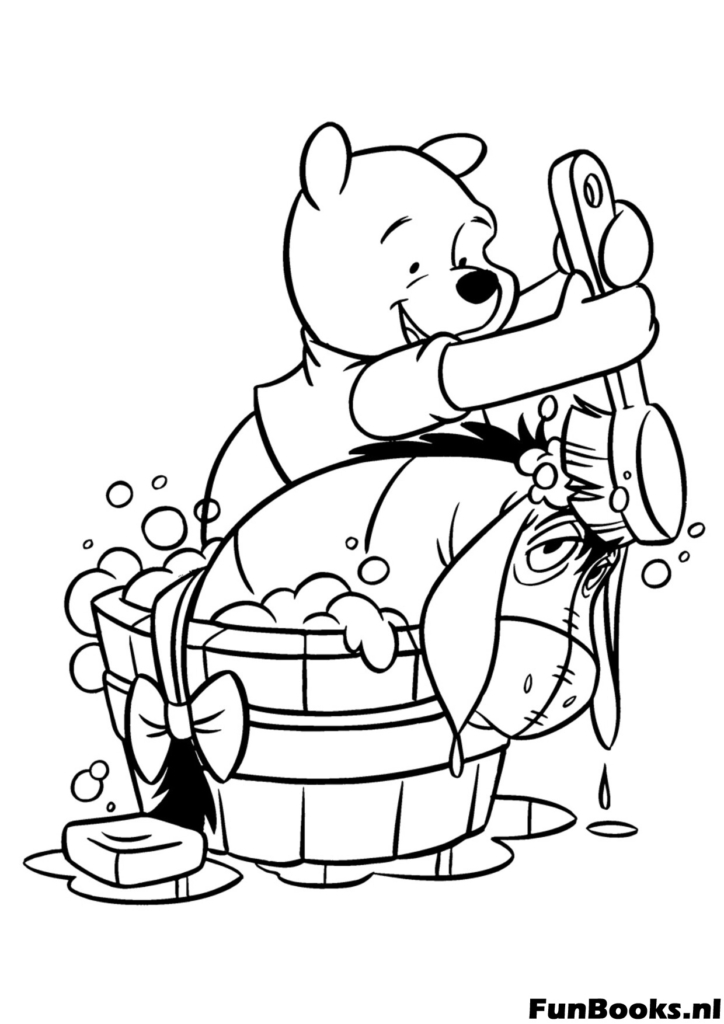 Tonto oso Pooh atrapado dentro de un tarro de miel gigante mientras Piglet intenta ayudarlo a salir dibujo para colorear