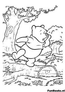 Winnie the Pooh caminando feliz por el Bosque de los Cien Acres rodeado de árboles y naturaleza dibujo para colorear