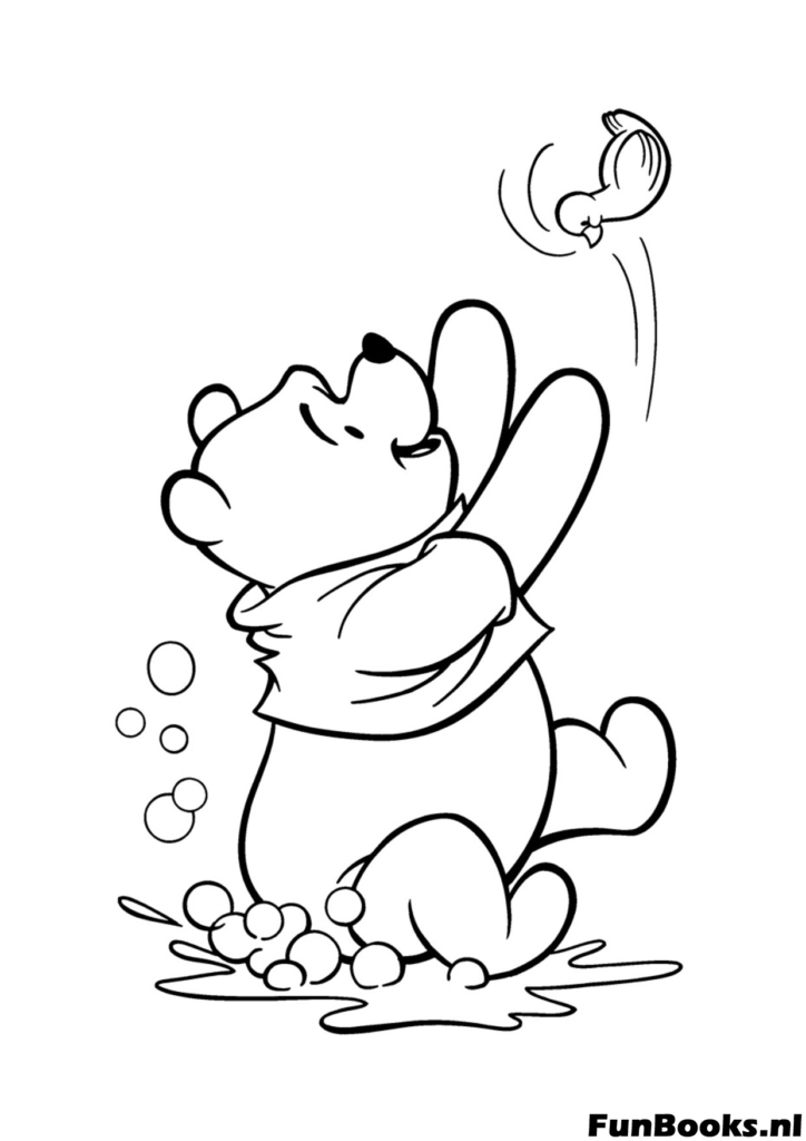 Winnie the Pooh reaching out trying to catch a beautiful butterfly on his nose cute coloring page