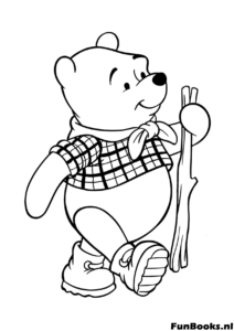 Winnie the Pooh hiking on a trail with a walking stick exploring nature outdoors coloring page