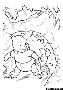 Pooh and Piglet walking out of a dark cave or tree house entrance into the sunlight adventure coloring page