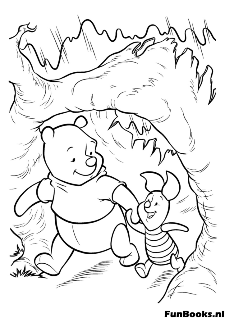 Pooh and Piglet walking out of a dark cave or tree house entrance into the sunlight adventure coloring page