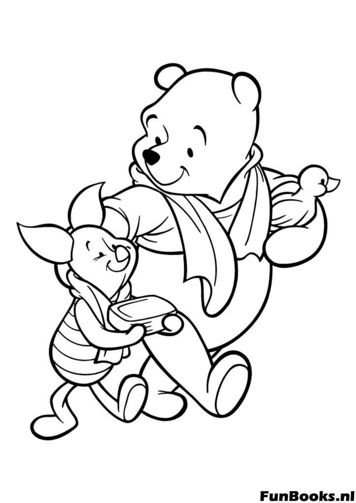 Pooh and Piglet walking against the wind on a blustery day leaves blowing classic scene coloring page