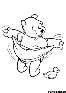 Winnie the Pooh getting dressed and struggling to put on his classic red shirt morning routine coloring page