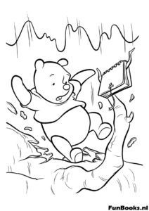 Playful Winnie the Pooh sliding down a grassy hill or playing on a honey slide outdoor fun coloring page
