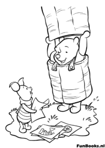Classic scene of Pooh bear stuck in a hollow tree trunk doorway with Piglet watching from outside coloring page