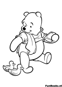 Winnie the Pooh marching in a line with a mother duck and her ducklings cute animal coloring page