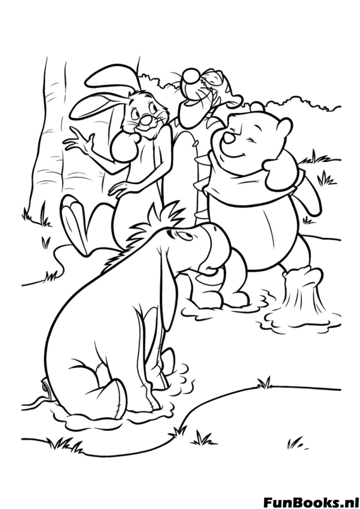 Curious Winnie the Pooh observing a small frog with Eeyore and Rabbit in the garden nature coloring page