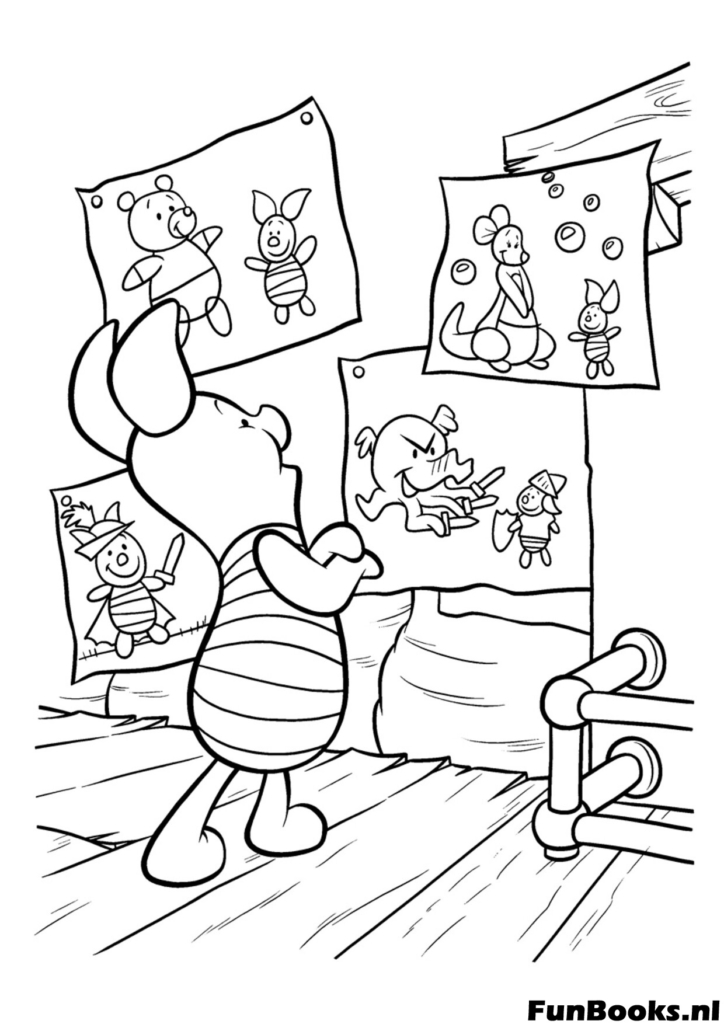 Mignon Porcinet regardant des photos encadrées de ses meilleurs amis accrochées au mur scène intérieure coloriage