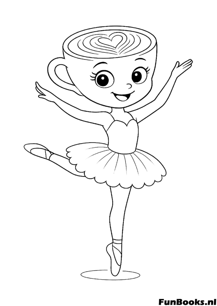 Mignon personnage Cappuccino faisant une pose de ballet classique arabesque coloriage