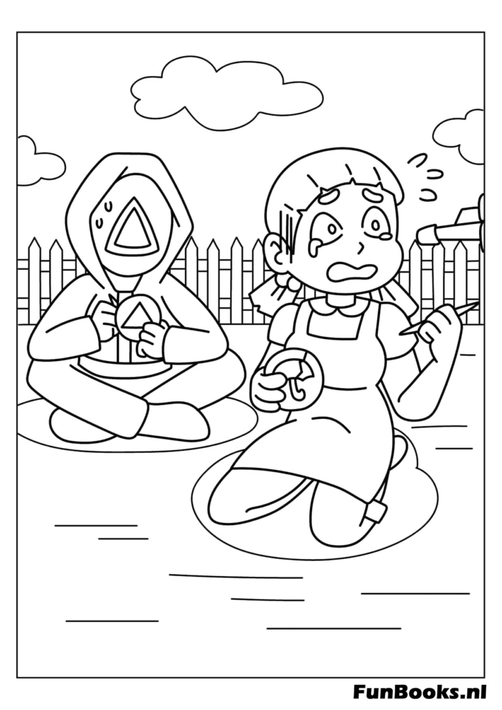 La géante poupée robotique Young-hee assise à côté d'une joueuse terrifiée pendant le jeu Un Deux Trois Soleil Squid Game coloriage