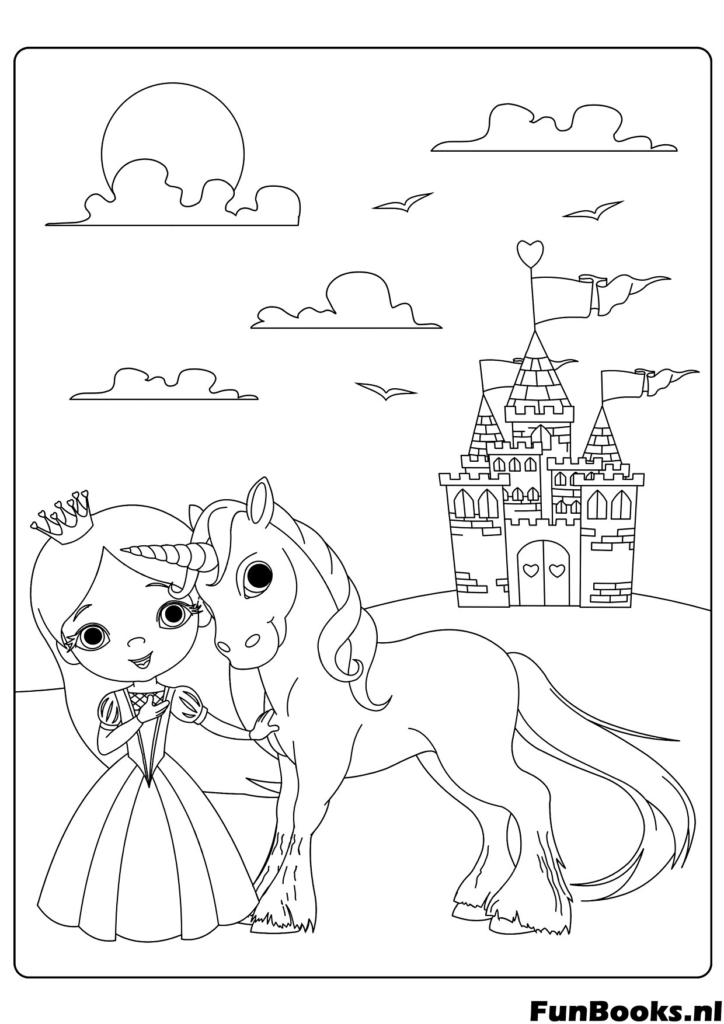 Fairy tale princess hugging her unicorn friend with a castle in the background coloring page