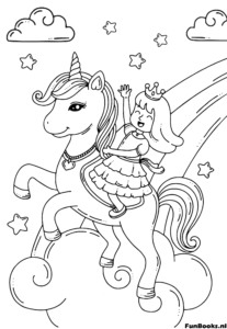 Princesse montant sur le dos d'une licorne ailée volante aventure coloriage