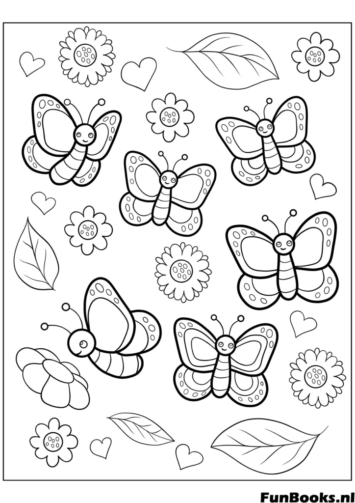 Motif de papillons volants et fleurs épanouies saison de printemps coloriage