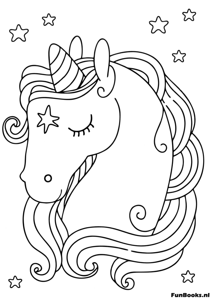 Magnifique profil de tête de licorne avec crinière flottante entourée d'étoiles magiques coloriage