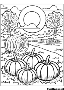 Farm landscape with pumpkins hay bales and setting sun harvest coloring page