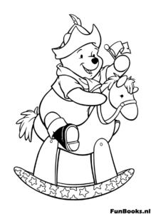 Puuh auf Schaukelpferd Ausmalbild Verspielter Winnie Puuh reitet auf einem hölzernen Schaukelpferd im Kinderzimmer Spielzeug Ausmalbild