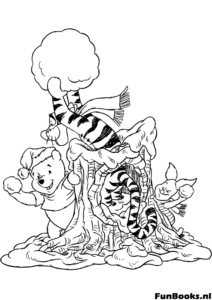 Puuh Freunde Baumstamm Ausmalbild Puuh Tigger und Ferkel posieren zusammen sitzend auf einem großen Baumstamm im Wald Ausmalbild