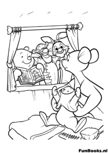 Puuh Freunde Fenster Ausmalbild Winnie Puuh Tigger Ferkel und I-Aah schauen zusammen aus dem Fenster und warten auf Freunde Ausmalbild