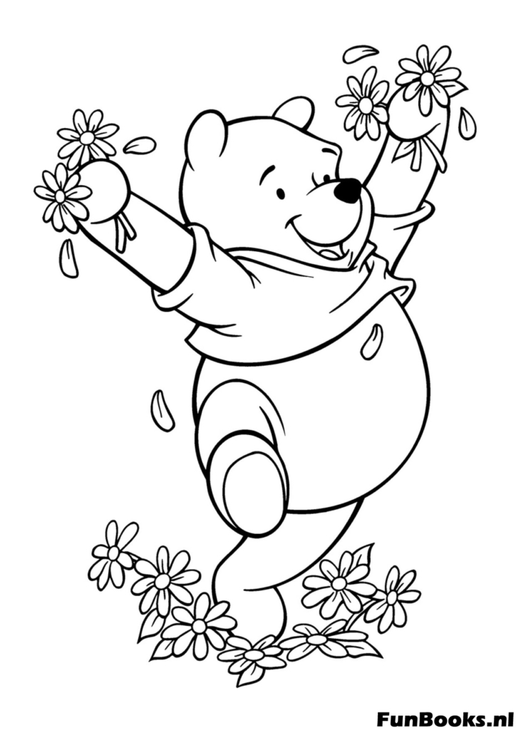 Fröhlicher Puuh Bär tanzt freudig umgeben von blühenden Frühlingsblumen und Natur Ausmalbild