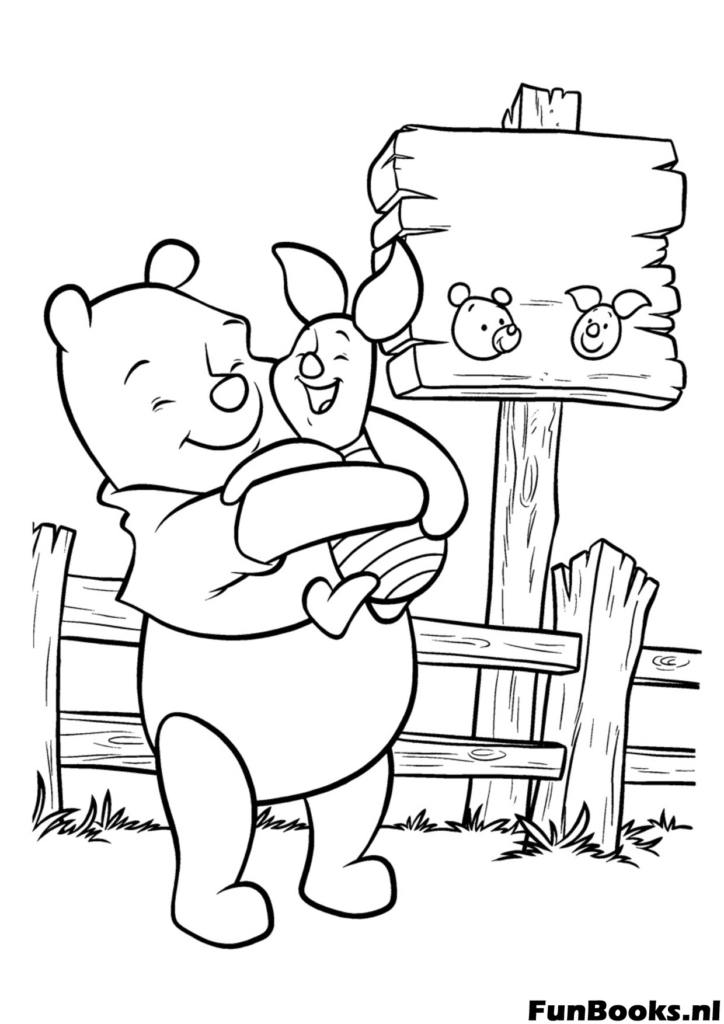 Winnie Puuh gibt Ferkel eine warme tröstende Umarmung an einem Holzzaun beste Freunde Ausmalbild