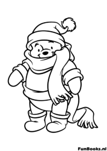 Puuh Winter Schal Mütze Ausmalbild Winnie Puuh gekleidet in eine warme gestrickte Wintermütze und Schal bereit für Schnee Ausmalbild