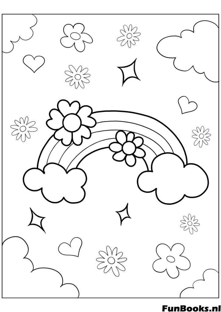 Simple drawing of a rainbow clouds and flowers spring weather coloring page