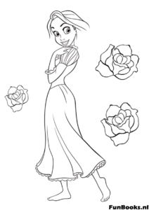 Raiponce aux cheveux bruns courts portant sa robe de princesse royale debout joyeusement coloriage