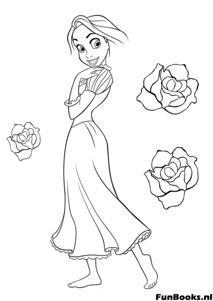 Raiponce aux cheveux bruns courts portant sa robe de princesse royale debout joyeusement coloriage