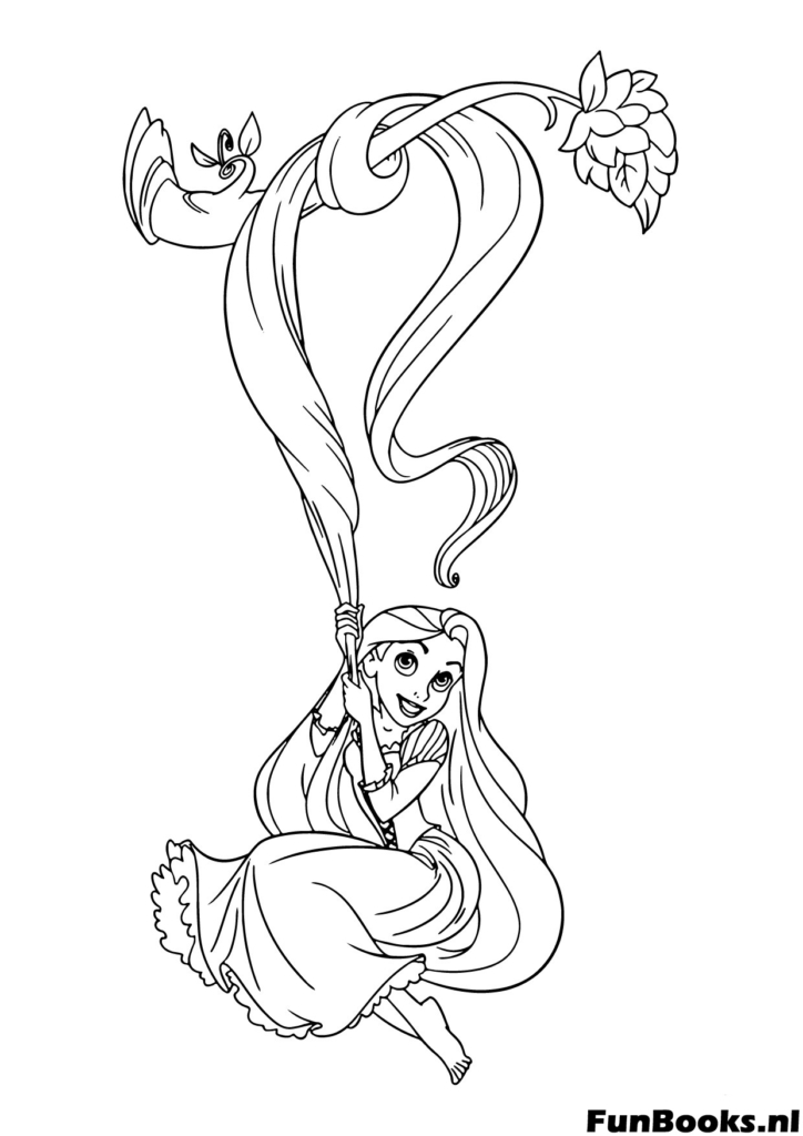 Raiponce suspendue la tête en bas par ses cheveux ayant l'air enjouée et drôle princesse active coloriage