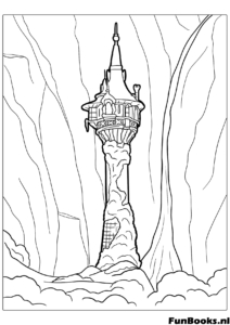 La haute tour en pierre cachée au milieu de la forêt où vit Raiponce paysage isolé coloriage