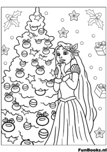 La princesa Rapunzel decorando un gran árbol de Navidad con adornos y Pascal ayudándola festivo dibujo para colorear de vacaciones