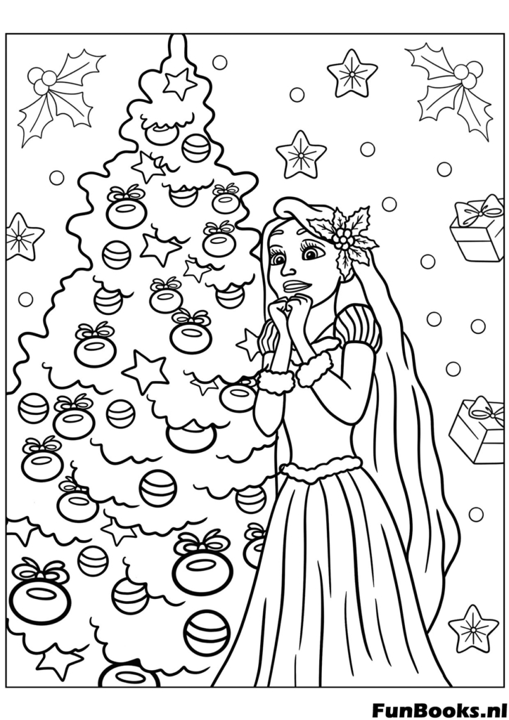 La princesa Rapunzel decorando un gran árbol de Navidad con adornos y Pascal ayudándola festivo dibujo para colorear de vacaciones