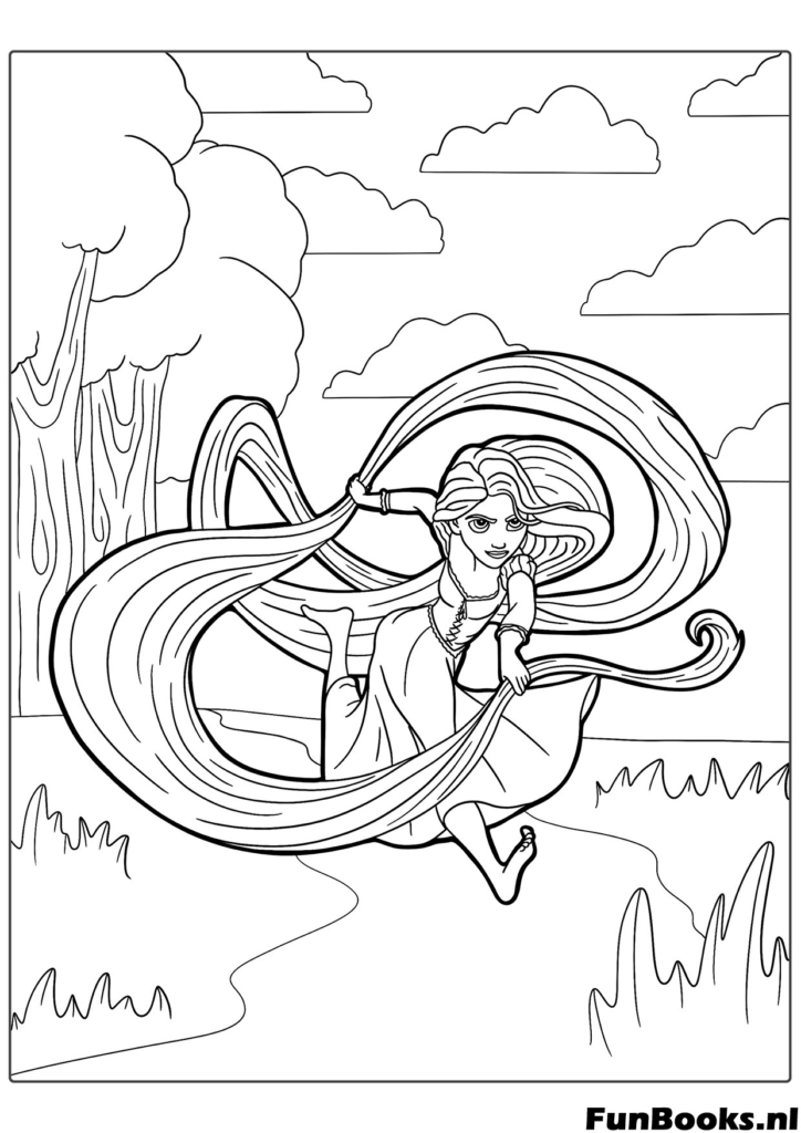 Rapunzel balanceándose alegremente de una gran rama de árbol usando su largo y fuerte cabello como cuerda divertido dibujo para colorear
