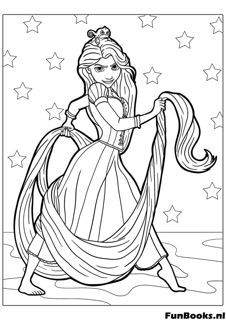 Rapunzel dancing barefoot in the village square with her incredibly long magical golden hair flowing around her coloring page
