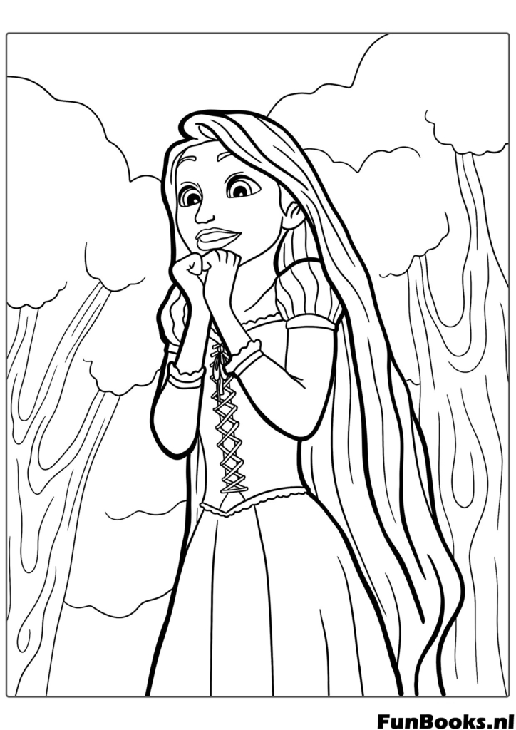 Rapunzel luciendo extremadamente emocionada y feliz juntando sus manos descubriendo algo nuevo dibujo para colorear