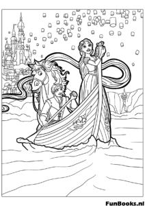 Escena romántica detallada de Rapunzel y Flynn tomados de la mano en una góndola rodeados de miles de luces flotantes dibujo para colorear